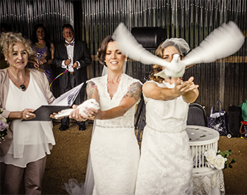 Rainbow Pride Celebrant Candice & Maisie Wedding Three Blue Ducks on the Farm Byron Bay Dove Release